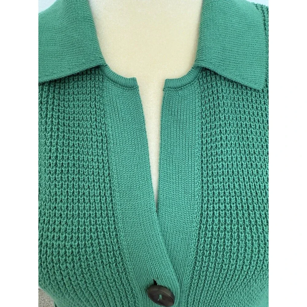 J. Jill Green Waffle Knit Collared Button Up Classic Cardigan Women's Size Med. - Picture 3 of 16